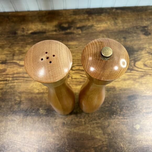Wooden Salt Shaker and Pepper Grinder Set 10" Sleek MCM Modern Silver Accent - Picture 2 of 7